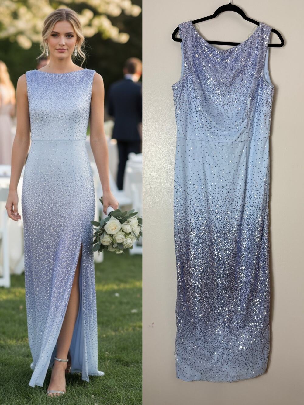 JS Collections Blue Sequin Dress Wedding Guest Gown Evening Formal